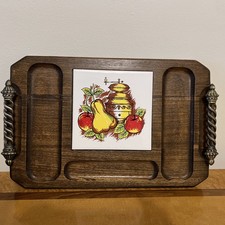 Wood Cheese Bread Serving Tray Metal Handles Tile Fruit Pepper Mill 16" x 9.75"