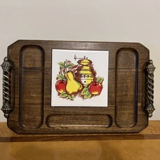 Wood Cheese Bread Serving Tray Metal Handles Tile Fruit Pepper Mill 16" x 9.75"