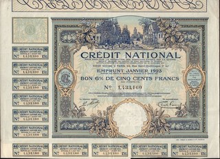 Credit National French War /State / Government Bond 1923 500 Francs