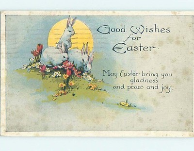 c1910 easter MOON RISING OVER BUNNY RABBITS AND FLOWERS HL0486