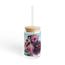 16oz Mermaid Sipper Glass w/ Bamboo Lid & Straw Cute Tumbler
