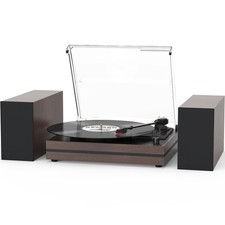Record Player with Two External Speakers Belt-Drive Turntable for Vinyl Brown