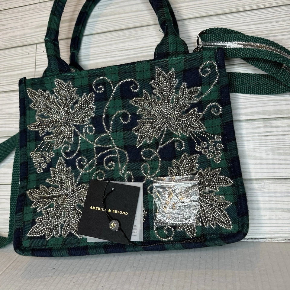 Bolsa tote xadrez America & Beyond com design enfeitado verde xadrez marinho 