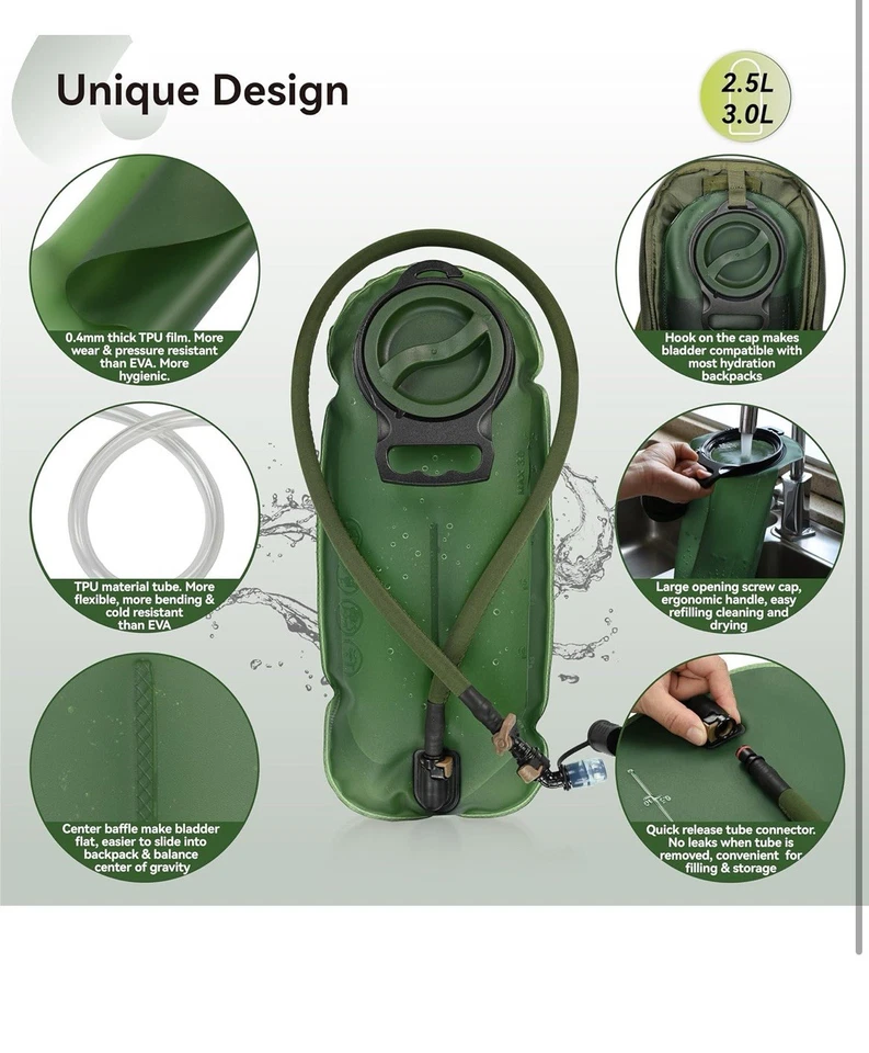 Vejiga de hidratación TPU táctica 2L/2,5L/3L, bolsa de depósito de agua ultra duradera... Foto 3 de 4