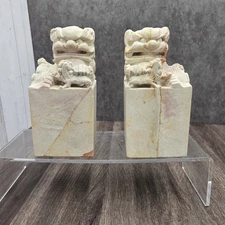 Pair Vintage Chinese Soapstone Foo Dog Statues – Carved Lion Bookends