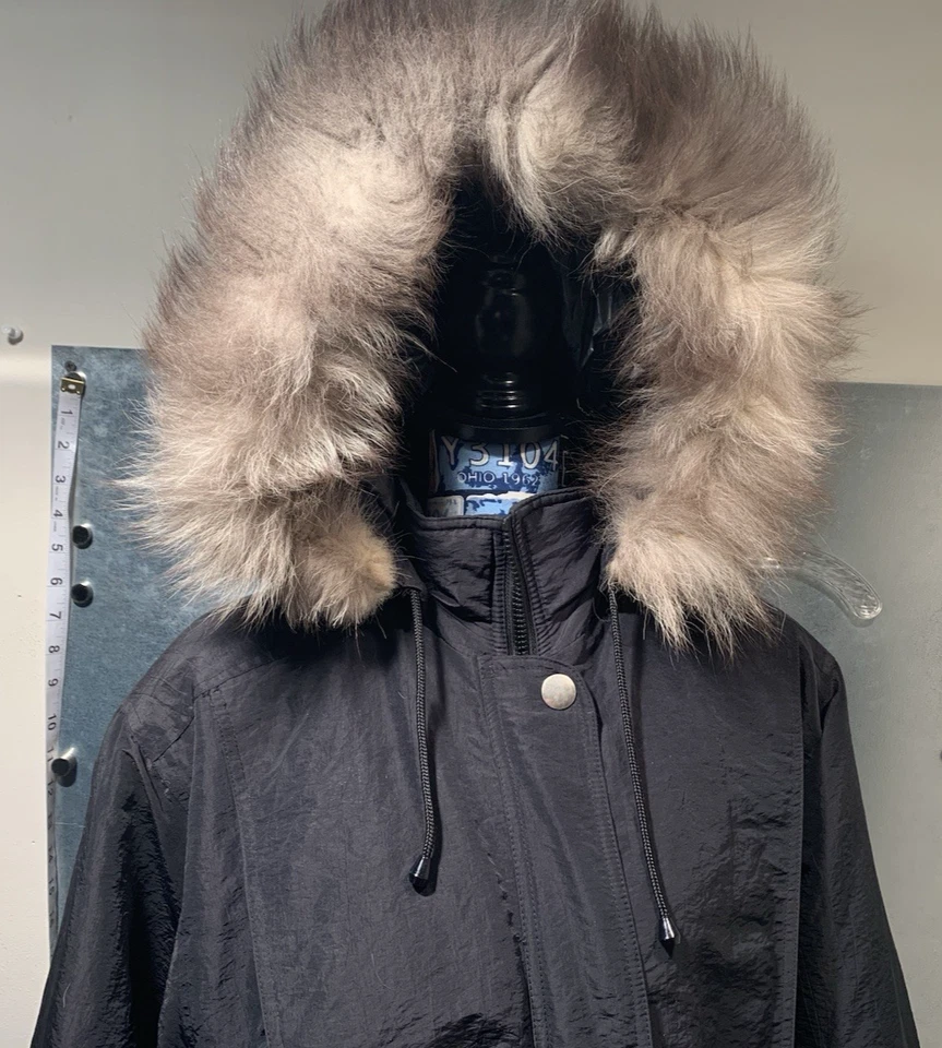 IZZI Parka S Black Real Fox Tail Fur Trim Removable Hood Retro 90s Style Y2K - Image 3 of 4
