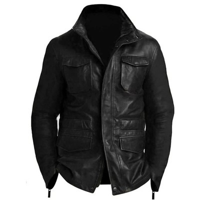 Men s Black Genuine Lambskin Leather M65 Field Military Style Navy Jacket
