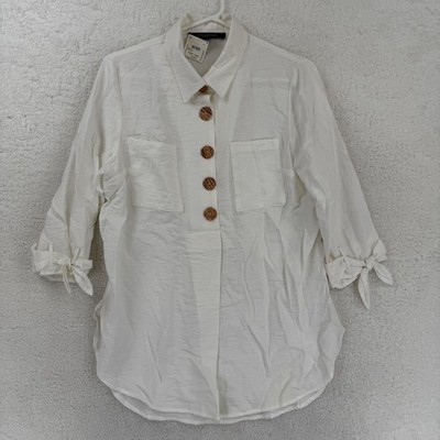 Marc New York Shirt Womens Small White Button Tunic 3/4 Sleeve Tie Cuff NEW