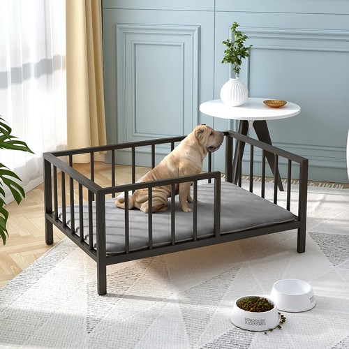 Dog Bed with Rails - Elevated Pet Metal Bed Frame with Solid Wood Board and W...