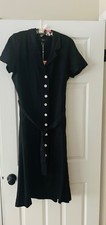 Quince Women's Black Linen Button Front Dress SZ Large A-Line Belt Short Sleeve