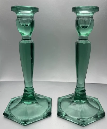Vtg 1920s No. 449 Stretch Glass Fenton Green 8.75" Tall Candlesticks Christmas