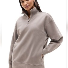 Athleta Forever Fleece 1/4 Zip Sweatshirt Light Grey Relaxed Fit Pullover Size M