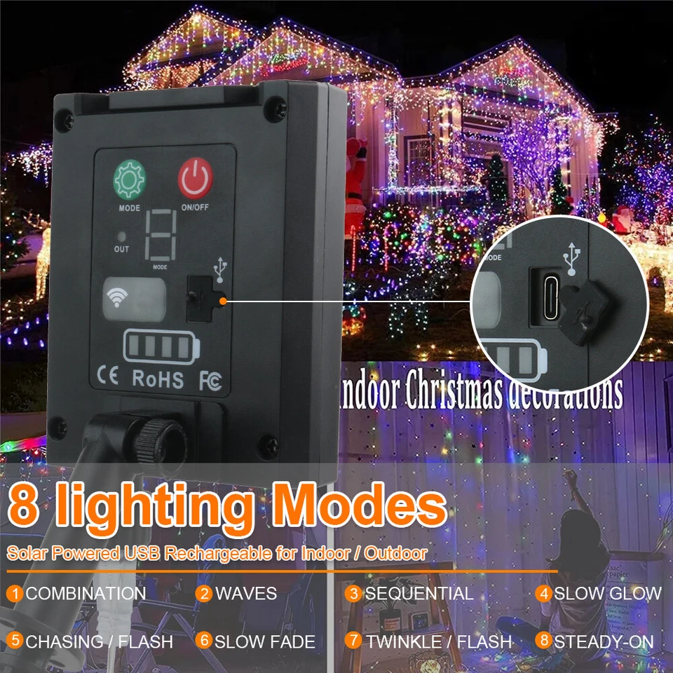 Outdoor Solar 96 LED Hanging Icicle Curtain String Lights Xmas Party Remote Lamp - Image 3 of 4