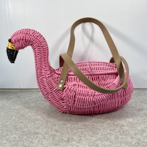 Pink Flamingo Woven Basket Purse Handbag