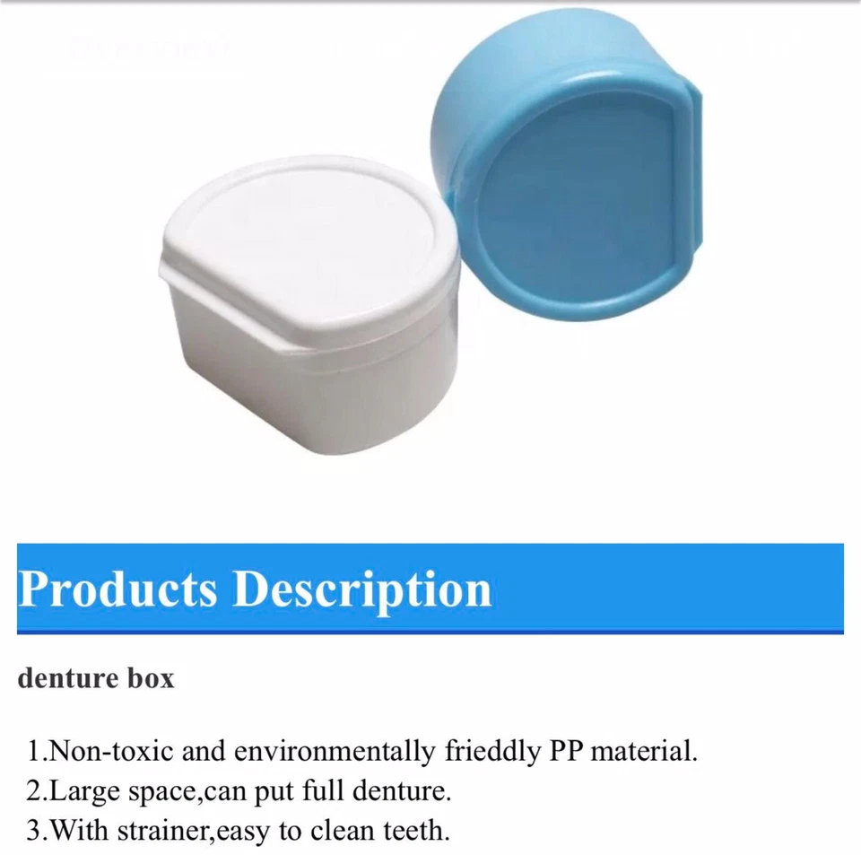 2 Pack Colors Denture Bath Case Cup Box Holder Storage Soak Container  &Strainer - Image 2 of 3