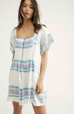 Free People Mini Dress White Blue Metallic Plaid Shapeless Square Neck XS DI
