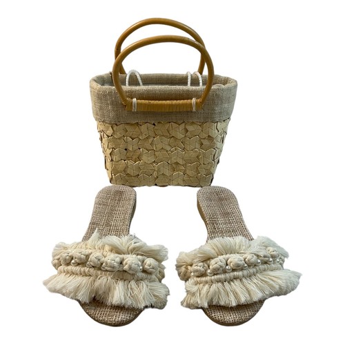 WOMEN Sandals Beige Macrame slippers Cotton knot Trassel Strap withPurse SIZE 8. - Picture 3 of 22