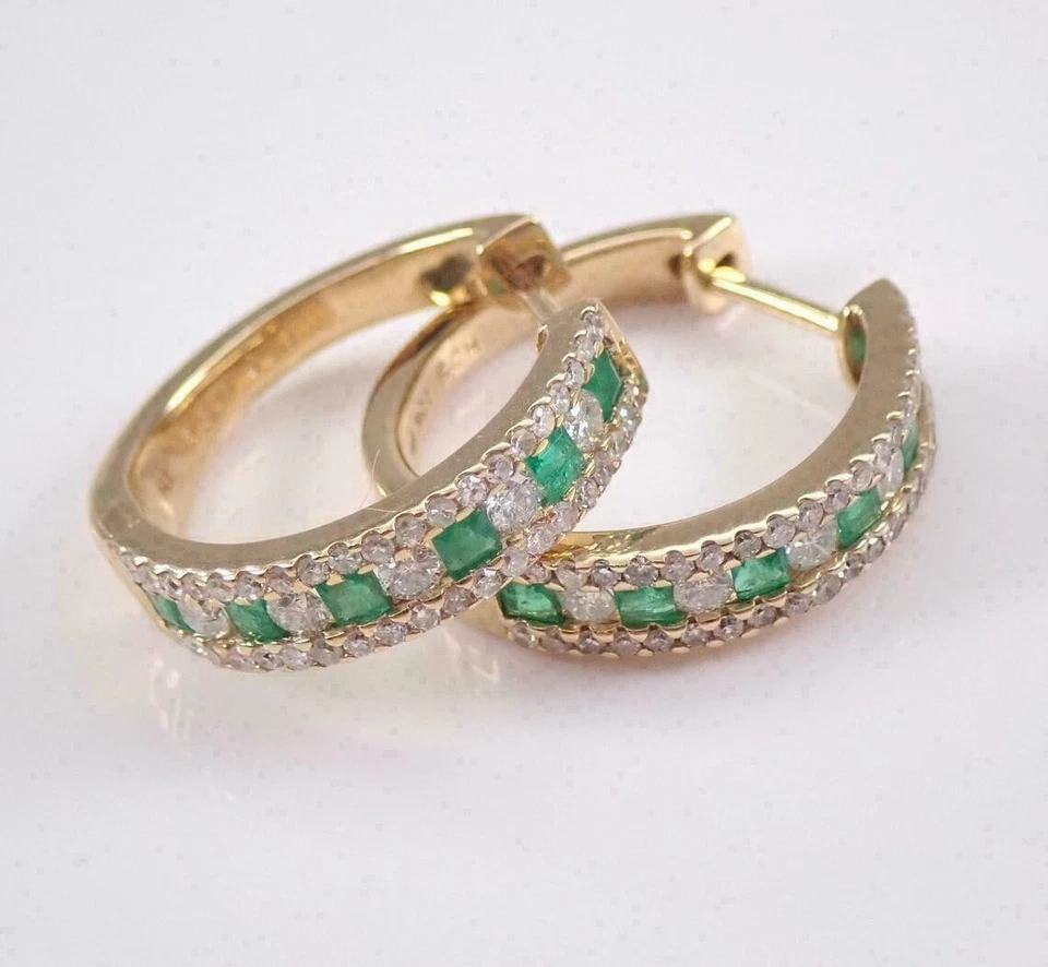 1.30Ct Princess Cut Simulated Green Emerald Hoop Earrings 14K Yellow Gold Plated - Image 2 of 4