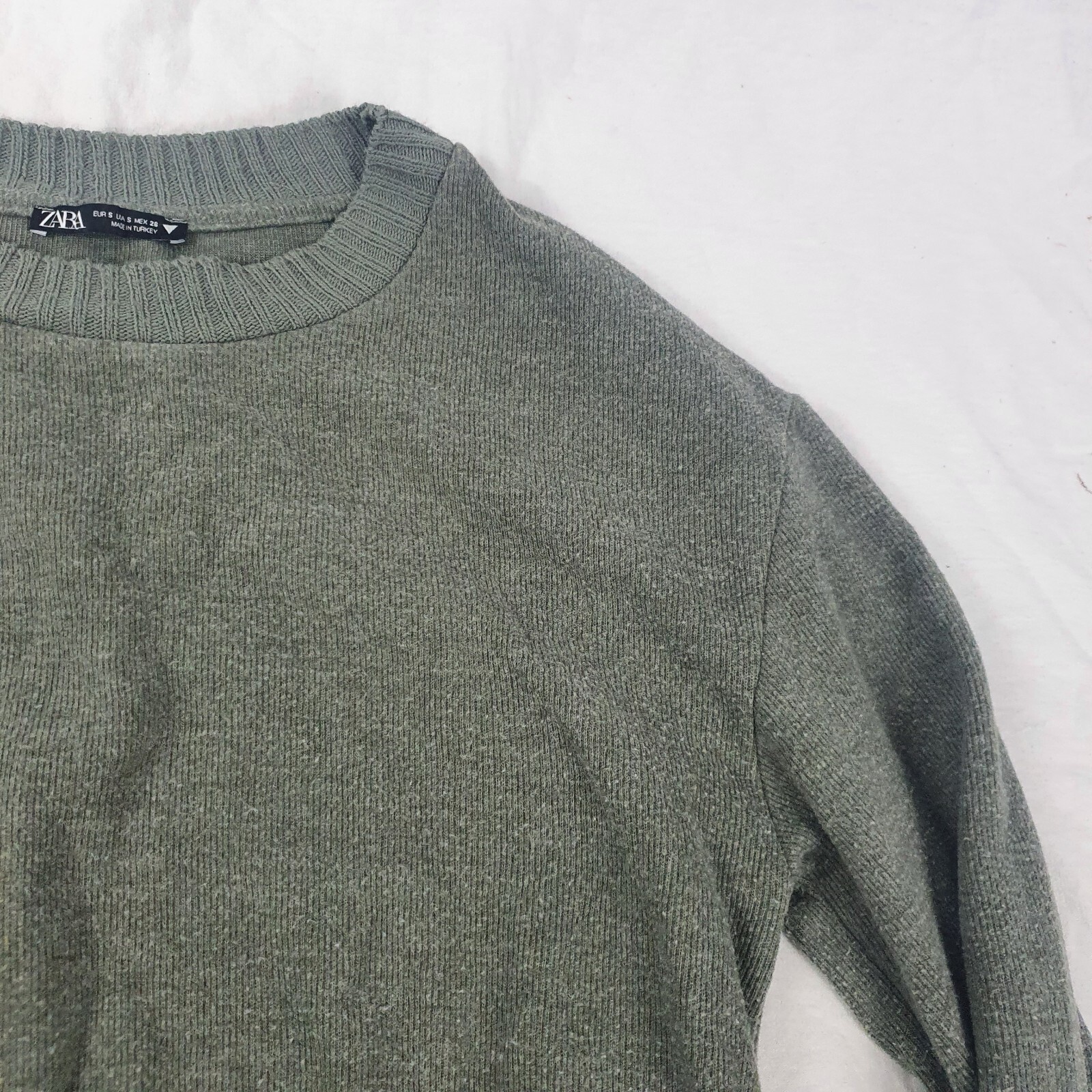 Zara Khaki Green/Grey Cropped Knit Jumper Long Sleeve Size UK S thumbnail 6