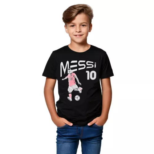 Messi 10 Kicking Soccer Ball Boy's Black T-Shirt. Boy's Sizes S-XL. Brand New!