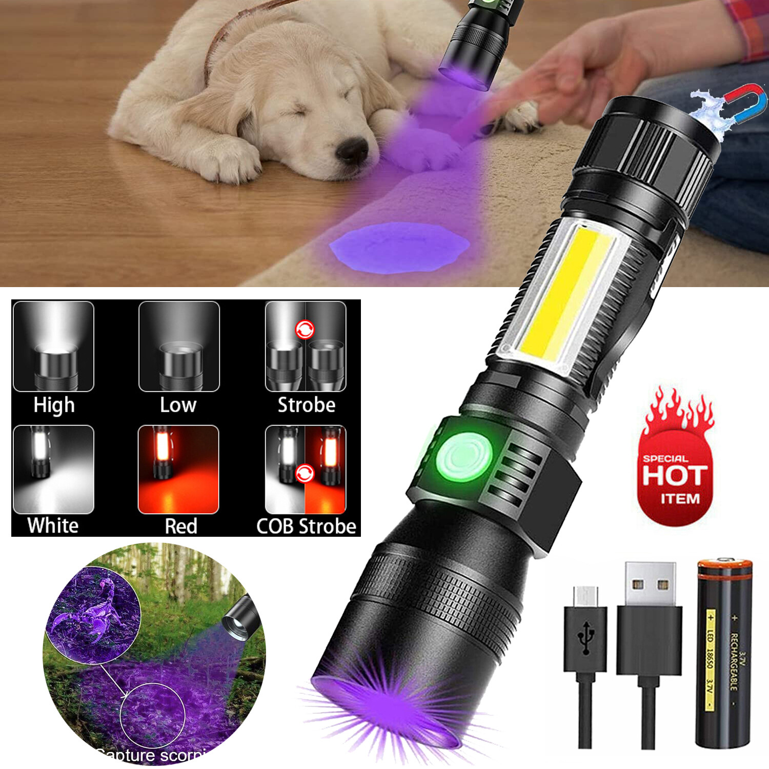 Torcia UV 3 in 1 UV LED COB luce da lavoro USB...