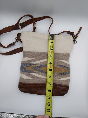 Nan-Made Genuine Leather & Repurposed  Wool Blanket Crossbody Purse Bag - Picture 9 of 10