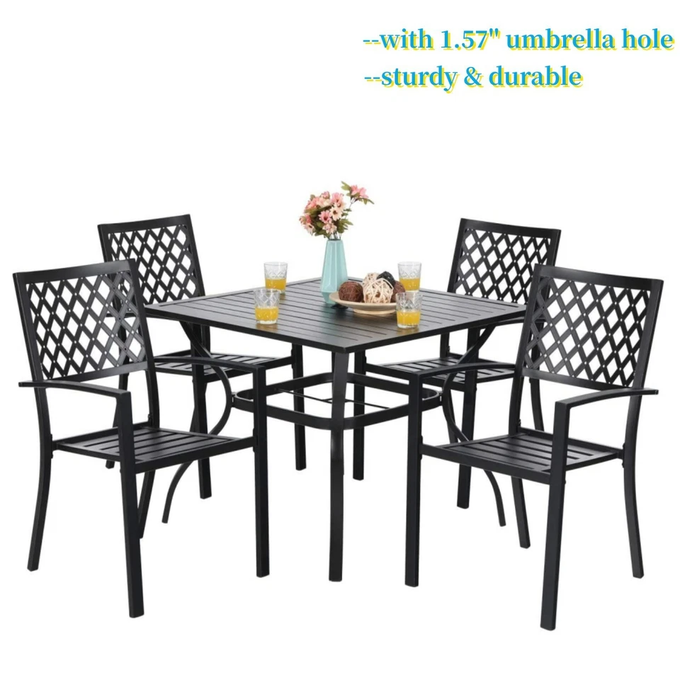 PHI VILLA 5Piece Patio Dining Set Outdoor Chairs Square Table with Umbrella Hole for Yard