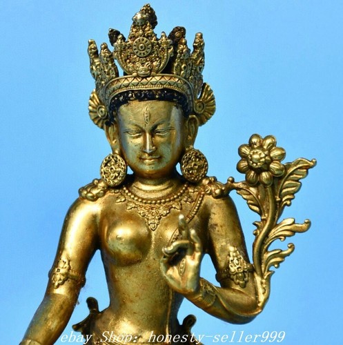 4.3" Old Tibet Buddhism Copper Gilt White Tara Guanyin Kwanyin Buddha Statue - Picture 6 of 9