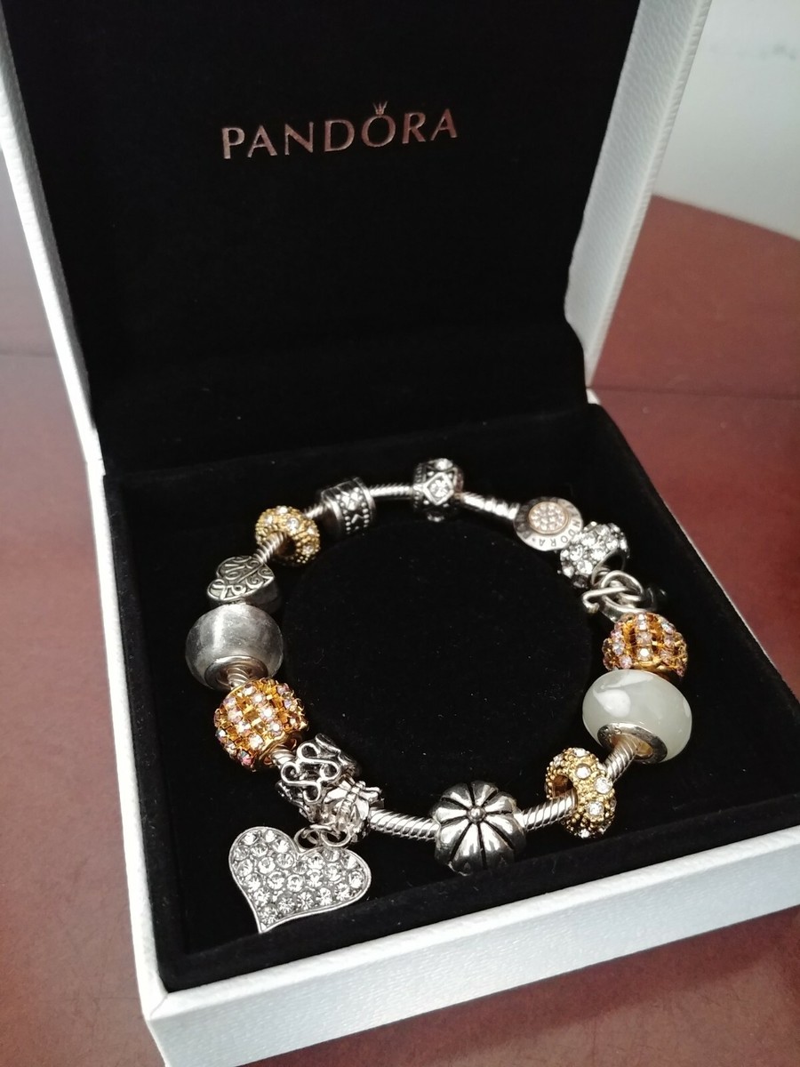 Authentic Pandora 14K SSilver CZ Signature Charm Bracelet+