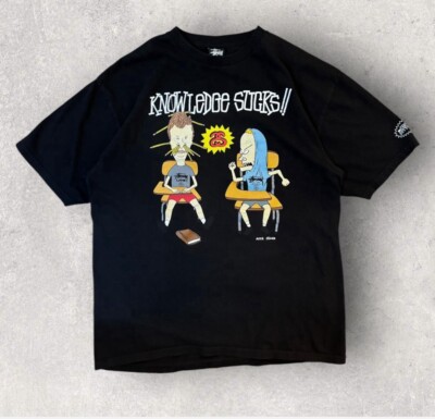RARE Stussy Beavis and Butthead BLACK T Shirt Knowledge Sucks MTV 
