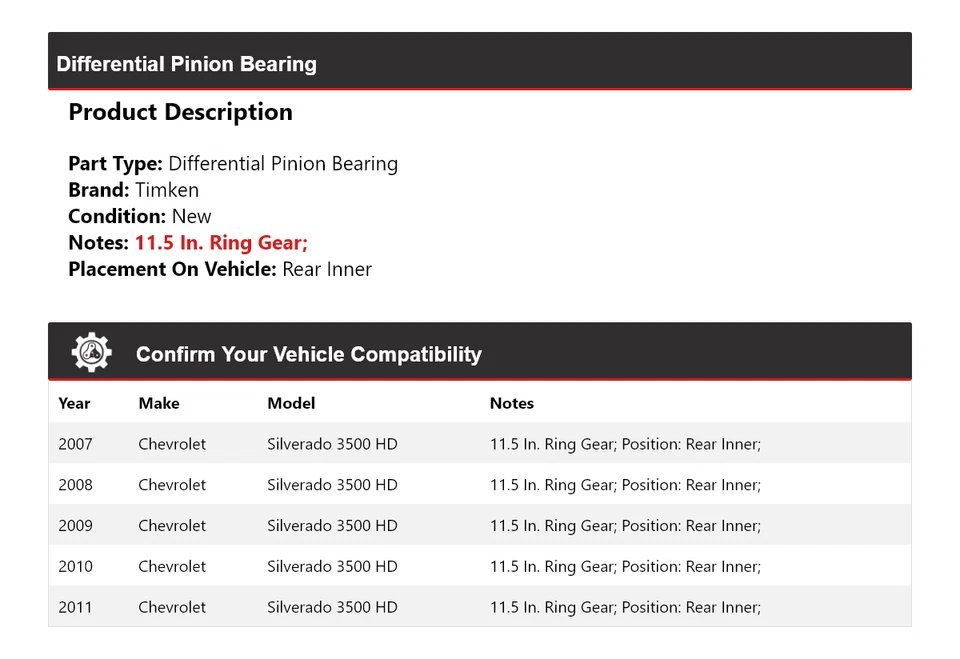Cojinete de piñón diferencial Timken para Chevrolet Silverado 3500 HD 2007-2011 Foto 2 de 4
