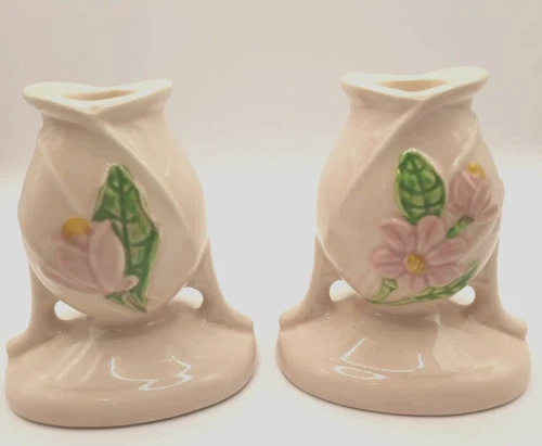 Matching set of Hull Pottery Candle sticks with Peach color and Pink Flower