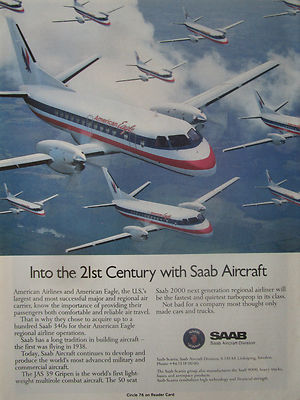 9/1989 PUB AVION SAAB 340 AIRCRAFT AMERICAN EAGLE AIRLINE ORIGINAL ANZEIGE