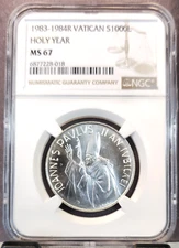 1983 1984 VATICAN SILVER 1000 LIRE HOLY YEAR NGC MS 67 BRIGHT GEM BU