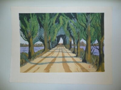 Junichiro Sekino Woodblock Print ''Hokkaido University Poplar Trees'' Signed