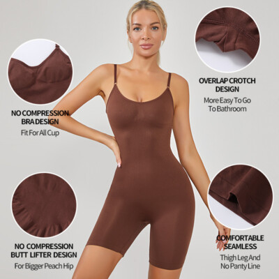 Seaming Sculpting Bodysuit Mid Thigh Open Crotch Tummy Control Slim Body  Shaper
