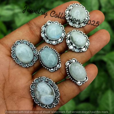 Rainbow Moonstone Gemstone 10 PCS Rings 925 Silver Plated Wholesale Lot Jewelry