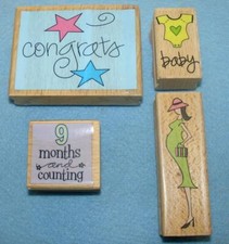 Lot of 4 NEW WOOD STAMPS Rubber Mounted BABY MOM CONGRATS Crafts Scrapbooking