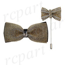 New in box Men's bowtie lapel pin 2 piece set crystal Gold wedding formal prom