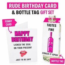 Funny Rude Birthday Card Gift For Her Friend Wine Bottle Tag Present Set