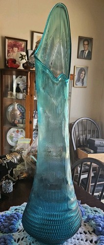 LE Smith Blue Glass Swung Floor Vase 32” Tall Mid Century Modern  Nubby