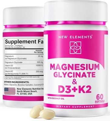 Magnesium Glycinate 500mg with High-Potency Vitamin D3 10000iu & K2...