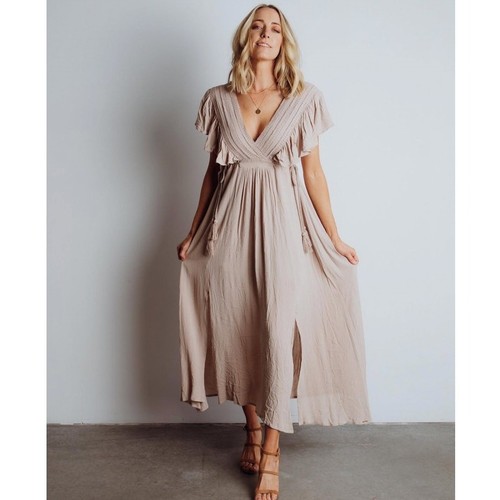 NWT BALTIC BØRN Jennifer Deep V-Neck Tassel Tie Dress Size M Sand - Picture 4 of 16