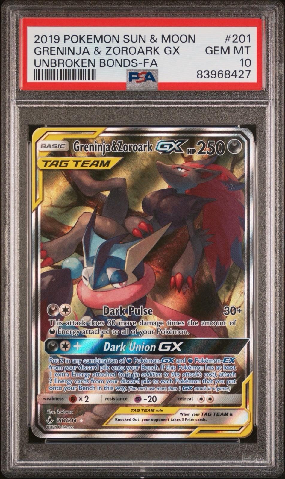 Pokémon TCG Greninja & Zoroark GX Unbroken Bonds 201/214 Alternate Art PSA 10