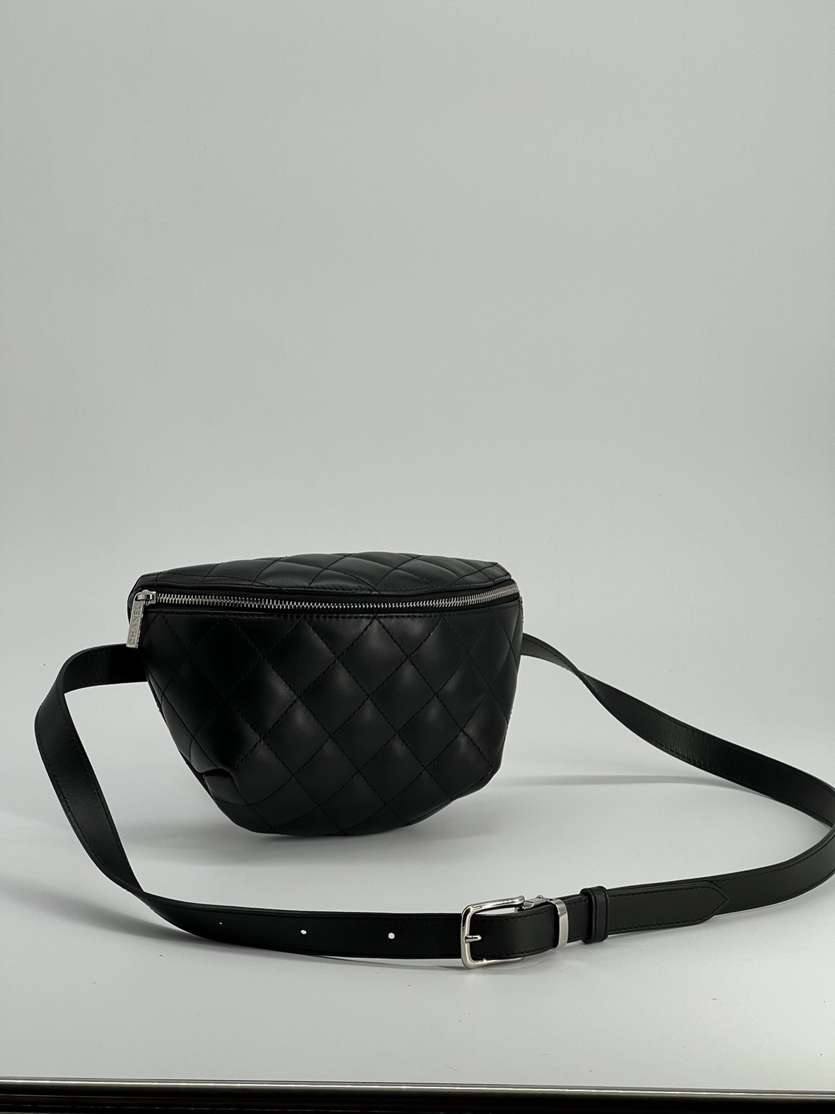 Chanel Uniform Galfskin Quilted Waist Belt Black Bag