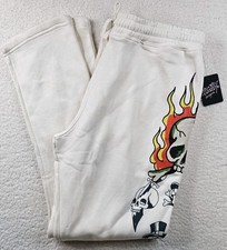 Ed Hardy Mens Large Ivory White Fleece Sweats Flaming Skull Joggers