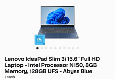 Lenovo IdeaPad Slim 3i 15.6'' FHD 1920x1080 Intel N150 8GB 128GB UFS Blue