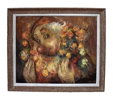 Vintage Oil Painting Portrait Clown with Roses Signed French Expressionist Art