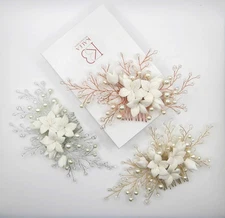 White Ceramic Flower Hair Comb, Wedding Crystal Floral Headpiece for Brides