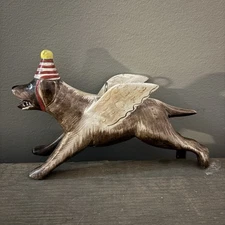 Handcrafted Folk Art Wooden Dog With Party Hat And Wings  Primitive Ornament